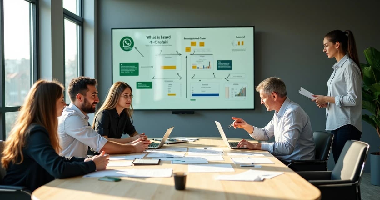 Equipe de uma agência reunida em torno de uma mesa analisando informações e escolhendo oportunidades comerciais.