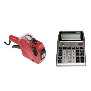 Calculadora ao lado de etiquetas de preços e símbolos de porcentagem representando cálculos de descontos e aumentos.