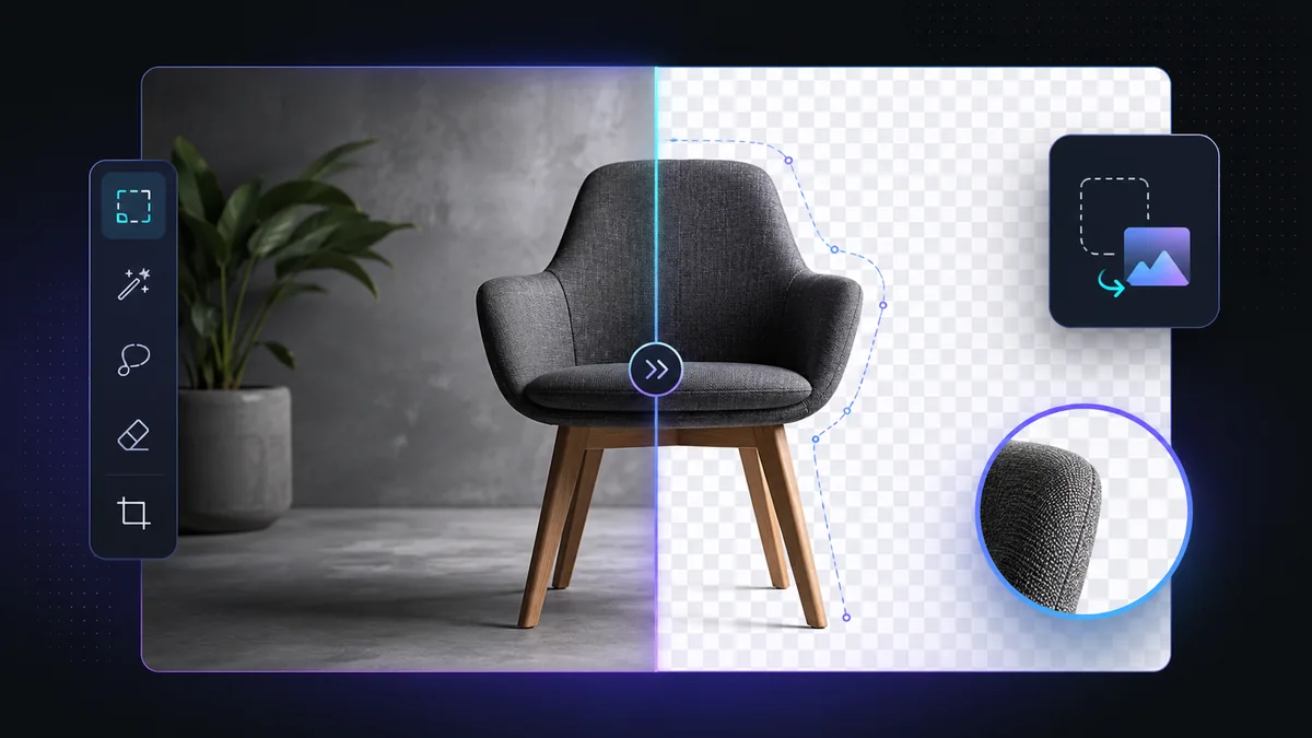 Comparação visual de uma poltrona antes e depois da remoção do fundo, com destaque para o recorte das bordas.
