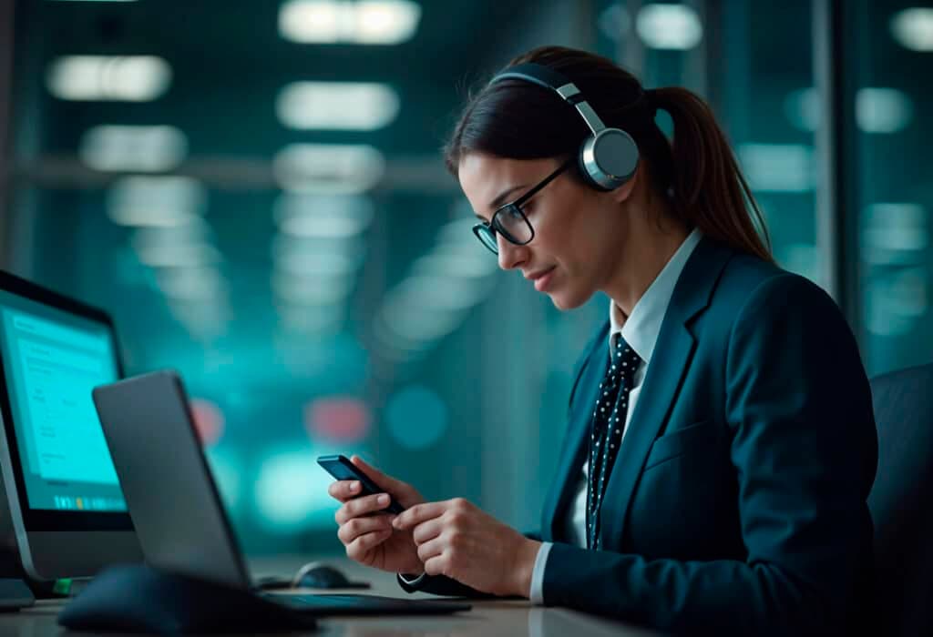 Profissional de atendimento utilizando computador e headset durante contato com consumidores em uma central de relacionamento.