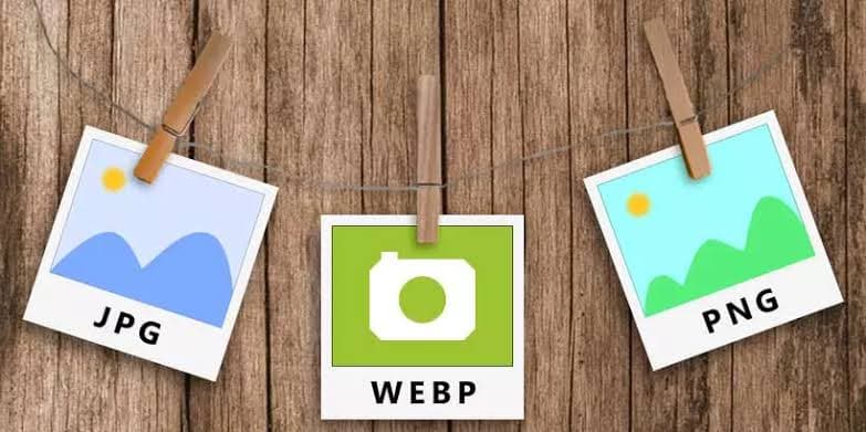 Três versões da mesma imagem identificadas como PNG, JPG e WebP ao lado de informações sobre transparência, qualidade e tamanho do arquivo.