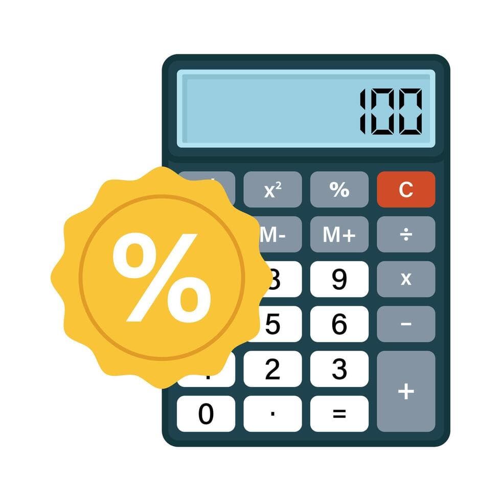 Etiquetas de preços com percentuais de 10%, 20%, 30% e 50% ao lado de uma calculadora.