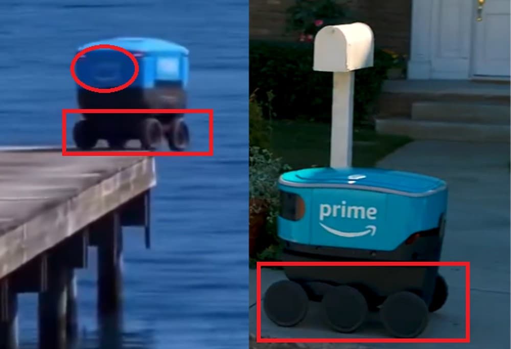 Robô semelhante a um veículo autônomo de entregas próximo à extremidade de um píer, em referência ao vídeo falso atribuído à Amazon.